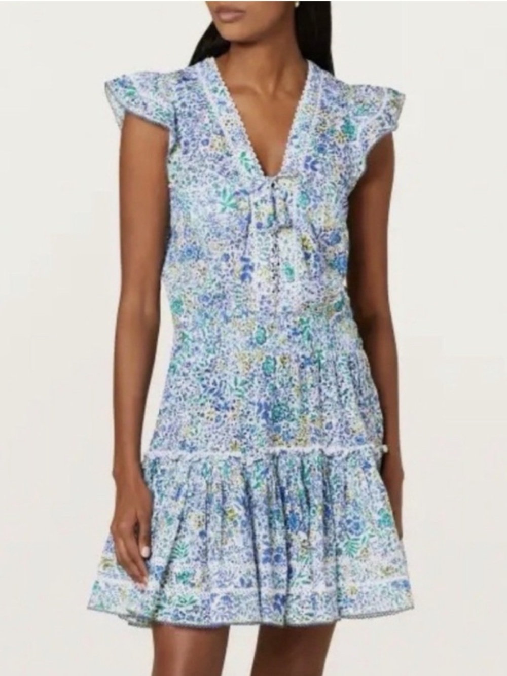 Poupette St Barth | Anais Cotton Eyelet Mini Dress Fabric Tassels Blue Floral S